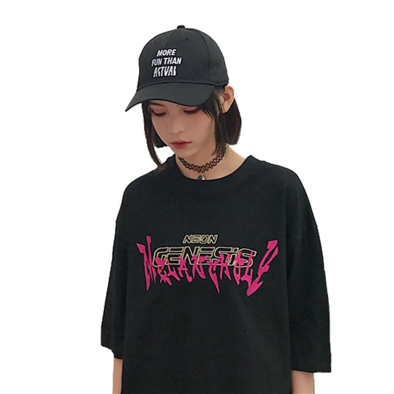 Kawaii Clothing Top Black Punk Embroidery Neon Genesis T-shirt