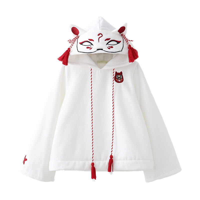 Kawaii Clothing Fox Hoodie White Black Ears Embroidery Daruma