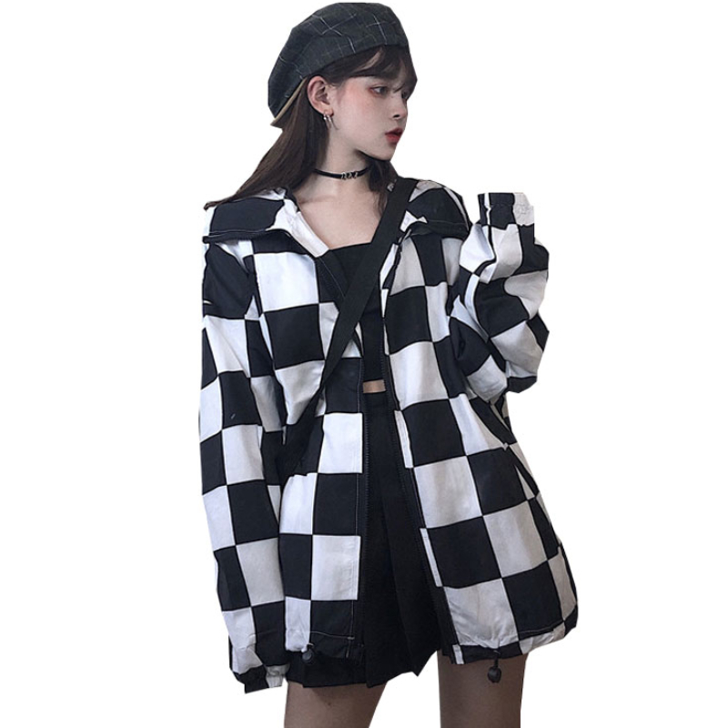 Kawaii Clothing Checkered Jacket Coat Plaid Punk Windbreaker Emo