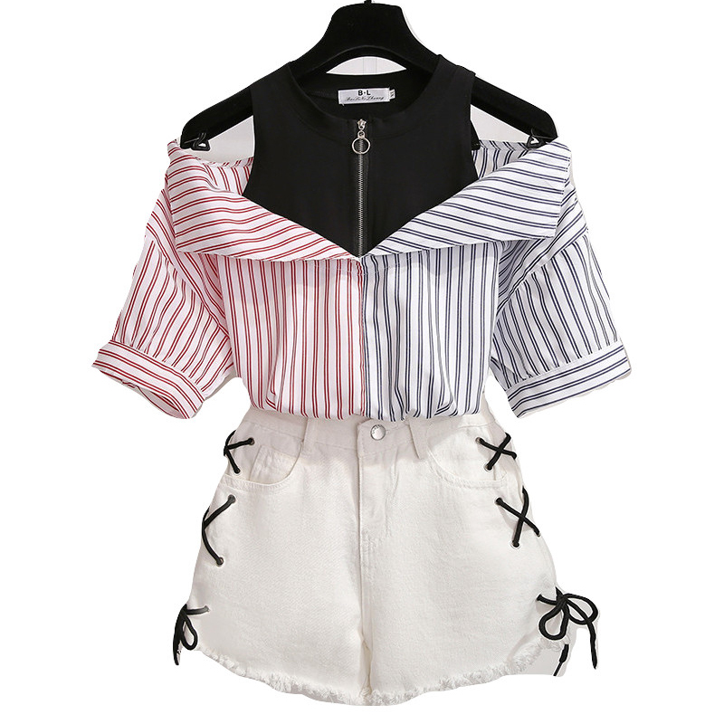 Kawaii Clothing Two Piece Set Denim Shorts Shirt Stripes Outfit Wh409