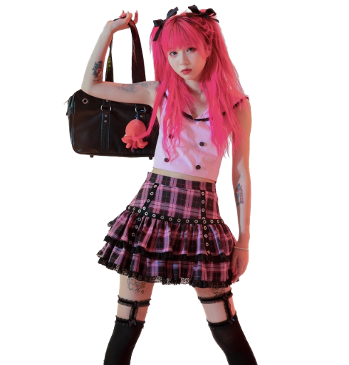 Kawaii Clothing Punk Lolita Pink Plaid Skirt Black Gothic Tartan Harajuku Ulzzang Japan Wh356
