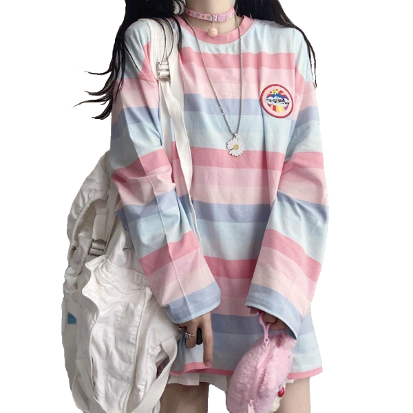 Kawaii Clothing Pastel Rainbow Striped T-shirt Harajuku Patchwork Embroidery Cute Japan Wh407