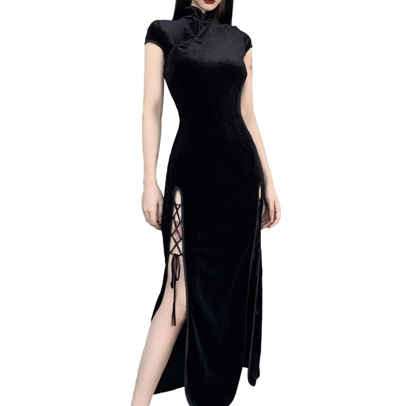 Kawaii Clothing Cheongsam Qipao Goth Dress Sexy Halloween Costume Party Black Long Punk Wh467