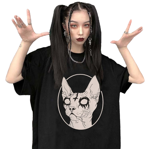 Kawaii Clothing Sphynx Cat T-shirt Punk Goth Black White Harajuku Hallween Dark Creepy Wh474