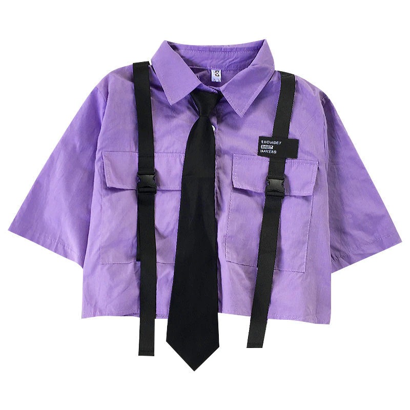 Kawaii Clothing Cropped Shirt Crop Top Blouse Purple Black White Necktie Straps Streetwear Hip Hop Wh480