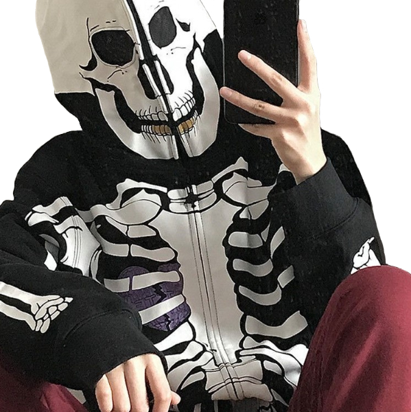 Kawaii Clothing Skeleton Hoodie Skull Head Jacket Punk Bones Halloween Black Costume Gothic WH400