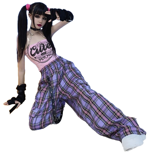 Kawaii Clothing Cargo Plaid Purple Pants Punk Tartan Trousers Y2k Harajuku Goth Hip Hop Ulzzang Wh411