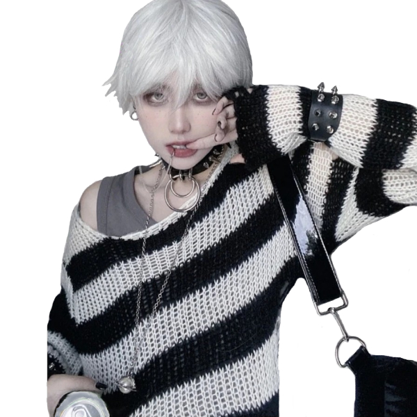 Kawaii Clothing Punk Striped Loose Knitted Sweater Ripped Pullover Grunge Goth Hollow Out WH418