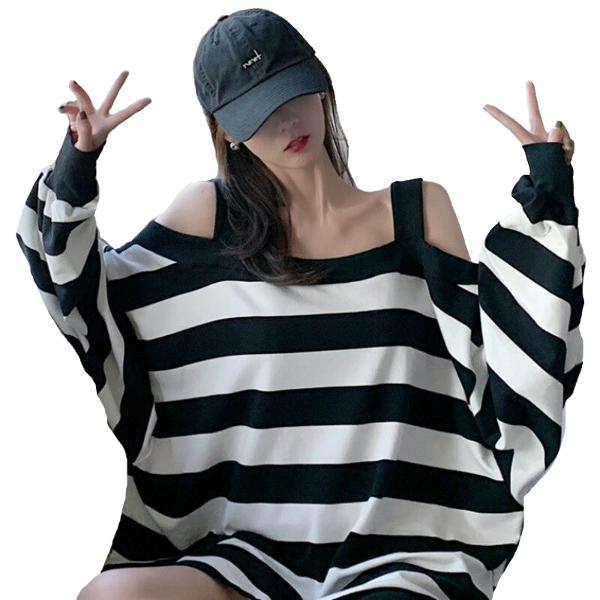 Kawaii Clothing Striped T-shirt Oversized Black White Harajuku Punk Off Shoulder Dress Grunge Wh486