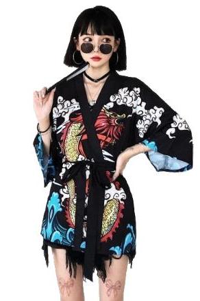 Kawaii Clothing Kimono Jacket Dragon Punk Black Blue Harajuku Japanese Ulzzang WH204