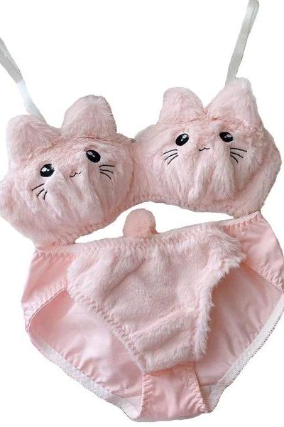 Kawaii Clothing Cat Bra Pink White Faux Fur Panties Bustier Lingerie Set Harajuku Animal Briefs WH048