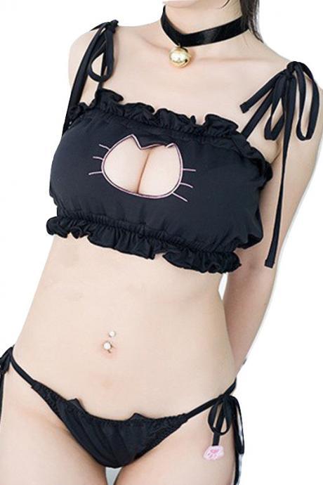 Kawaii Clothing Sexy Hollow Cute Bra Panties Animal Cat Lingerie
