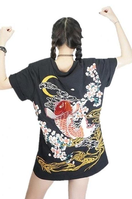 Kawaii Clothing Koi T-Shirt Black Carp Fish Embroidery Japanese