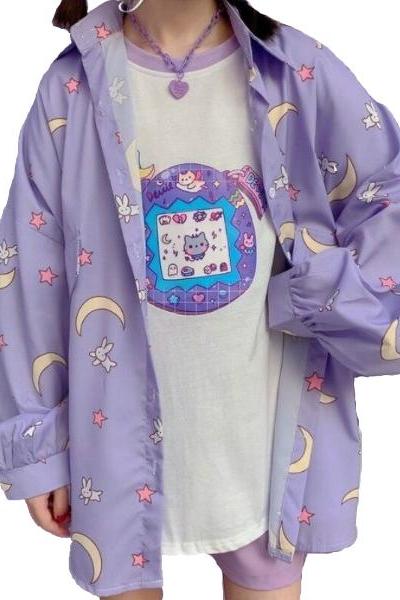 Kawaii Clothing Pastel Purple Blouse Shirt Rabbit Moon Stars Harajuku Goth Japan WH318