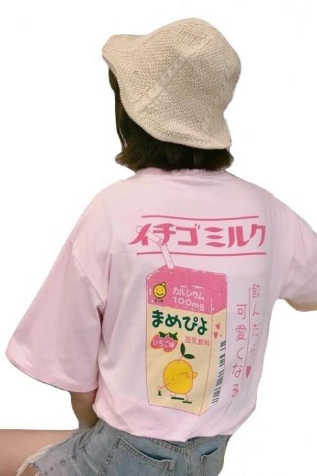Kawaii Clothing Milk T-Shirt Strawberry Pink Drink Harajuku Cute