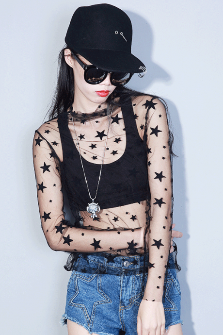 Kawaii Clothing Transparent T-Shirt Dots Fishnet Black Stars