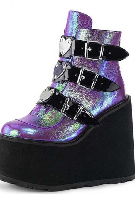 Kawaii Clothing Ankle Boots Platform Wedge Shoes Purple White Black Harajuku Punk WH082
