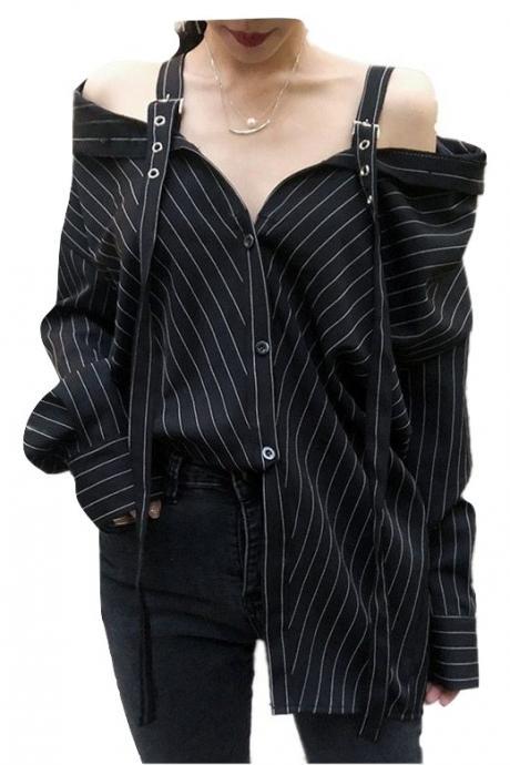 Kawaii Clothing Straps Off Shoulder Shirt Stripped Loose Blouse