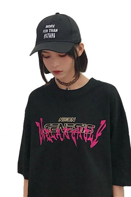 Kawaii Clothing Top Black Punk Embroidery Neon Genesis T-Shirt 