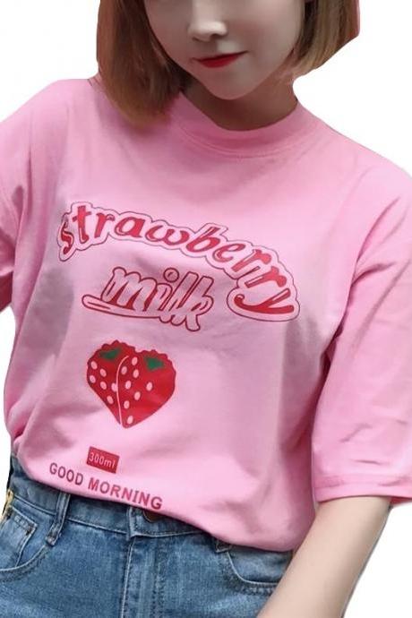 Kawaii Clothing Strawberry Milk Pastel Pink T-Shirt Harajuku Japan WH511