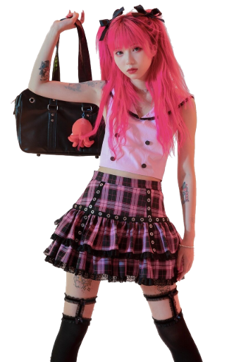 Kawaii Clothing Punk Lolita Pink Plaid Skirt Black Gothic Tartan Harajuku Ulzzang Japan WH356