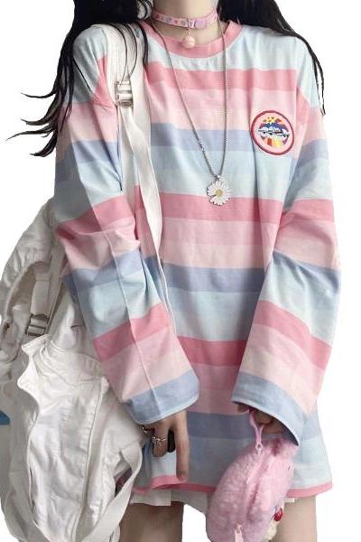 Kawaii Clothing Pastel Rainbow Striped T-Shirt Harajuku Patchwork Embroidery Cute Japan WH407