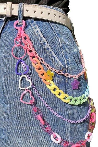Kawaii Clothing Pants Chain Set Rainbow Heart Flower Pastel Goth Harajuku Keychain Lolita WH109
