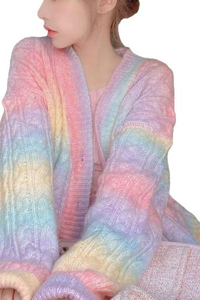 Kawaii Clothing Cute Rainbow Knitted Cardigan Jacket Lolita Harajuku Pastel Colorful Japan WH084