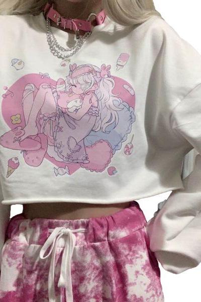 Kawaii Clothing Crop Top Anime Cartoon Girl Print Harajuku Lolita Pastel Japan Pajamas T-Shirt WH131