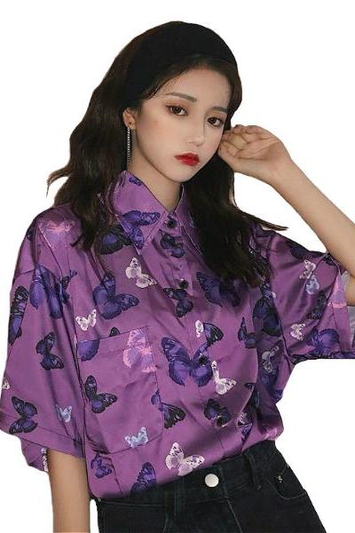 Kawaii Clothing Butterflies Purple Blouse Lavender Shirt Harajuku Butterfly Cute Japan Ulzzang WH185