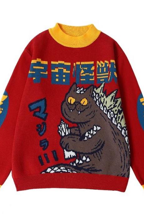 Kawaii Clothing Godzilla Catzilla Japanese Monster Kaiju Sweater Harajuku Cat Pullover Red Funny Cartoon WH220