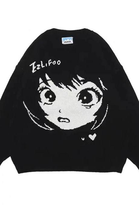 Kawaii Clothing Anime Face Cartoon Sweater Knitted Pullover Black Punk Goth Harajuku WH272