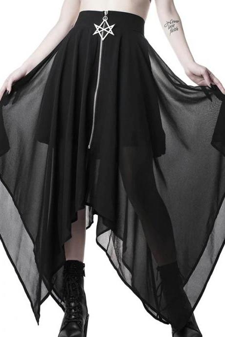 Kawaii Clothing Irregular Skirt Asymmetrical Goth Punk Black Pentagram Long Dark Harajuku WH309