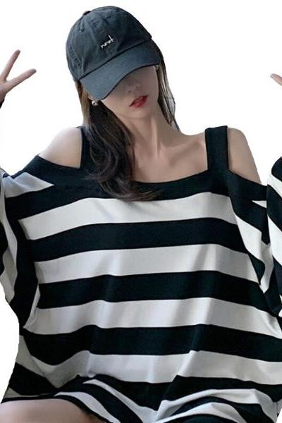 Kawaii Clothing Striped T-Shirt Oversized Black White Harajuku Punk Off Shoulder Dress Grunge WH486