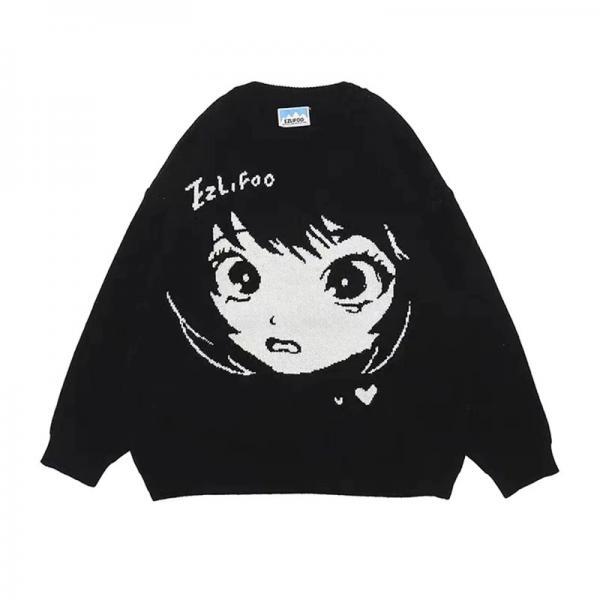 Kawaii Clothing Anime Face Cartoon Sweater Knitted Pullover Black Punk Goth Harajuku WH272